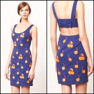ANTHROPOLOGIE LEIFNOTES Women’s CHERRY DROP Dress Embroidered Cherries Blue Siz0